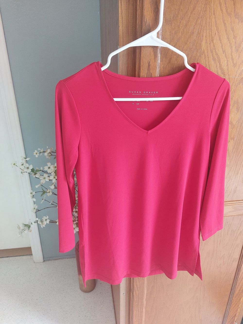 Susan Graver Bright Pink V-Neck Stretch Knit Top
